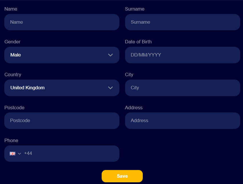 VeryWell profile form showing personal details, United Kingdom, address fields, phone number and Save button